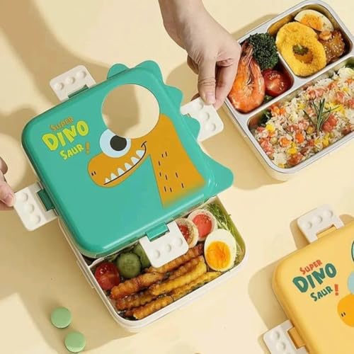 Image of TEKCOOL Green Kids Lunch Box - Stainless Steel Insulated Tiffin for School with Spoon, BPA-Free | Leak-Resistant Bento Box with Tray & Container | 1120ml + 70ml (Green, Super Dinosaur)';