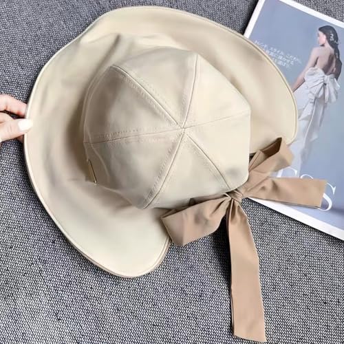 huablo Wide Brim Hats for Woman Foldable Hats Sun Hats for Women uv Protection Bowknot Fishing hat Adjustable hat with Ponytail Hole Beige - Image 6