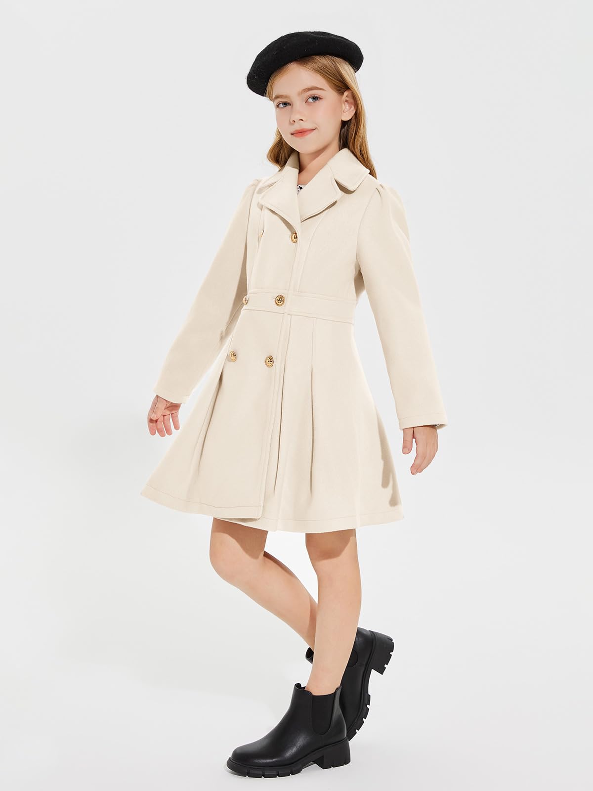 Haloumoning Abrigo de invierno para niñas, con botones, solapa de muesca, doble botonadura, con bolsillos, 5-14 años