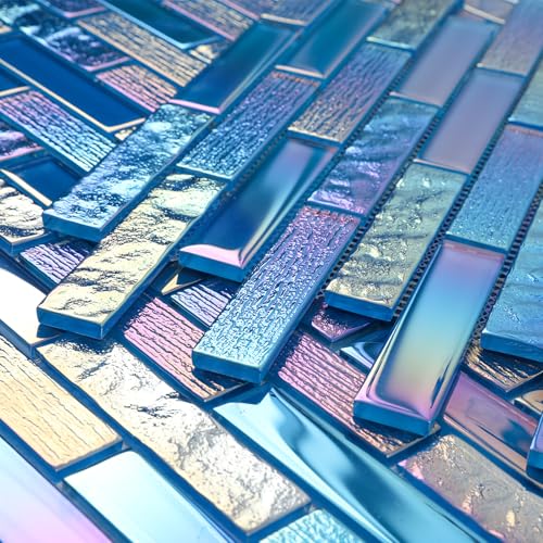 Adedeo Glass Mosaic Tile Backsplash Fantasy Blue 12 x 12 Inch Glossy Pool Glass Tile for Swimming Kitchen Bathroom Shower Waterline Fountain Spa Wall (Long Mosaic Sheet,5-Pack,5 sq.ft.)