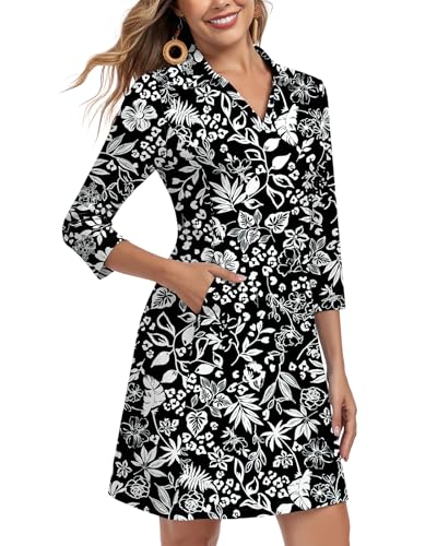 Image of WOWENY 3 /4 Sleeve Dress for Women with Pockets V Neck UPF 50+ Casual Sun Dress Breathable Quick Dry Beach Vacation