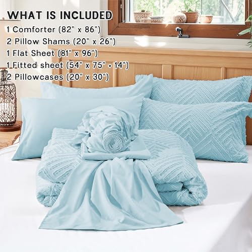 Image of Zzlpp Full Comforter Set 7 Pieces, Light Blue Tufted Bed in a Bag with Comforter and Sheets, All Season Boho Bedding Sets with Comforter, 2 Pillow Shams, 2 Pillowcases, 1 Flat Sheet, 1 Fitted Sheet
