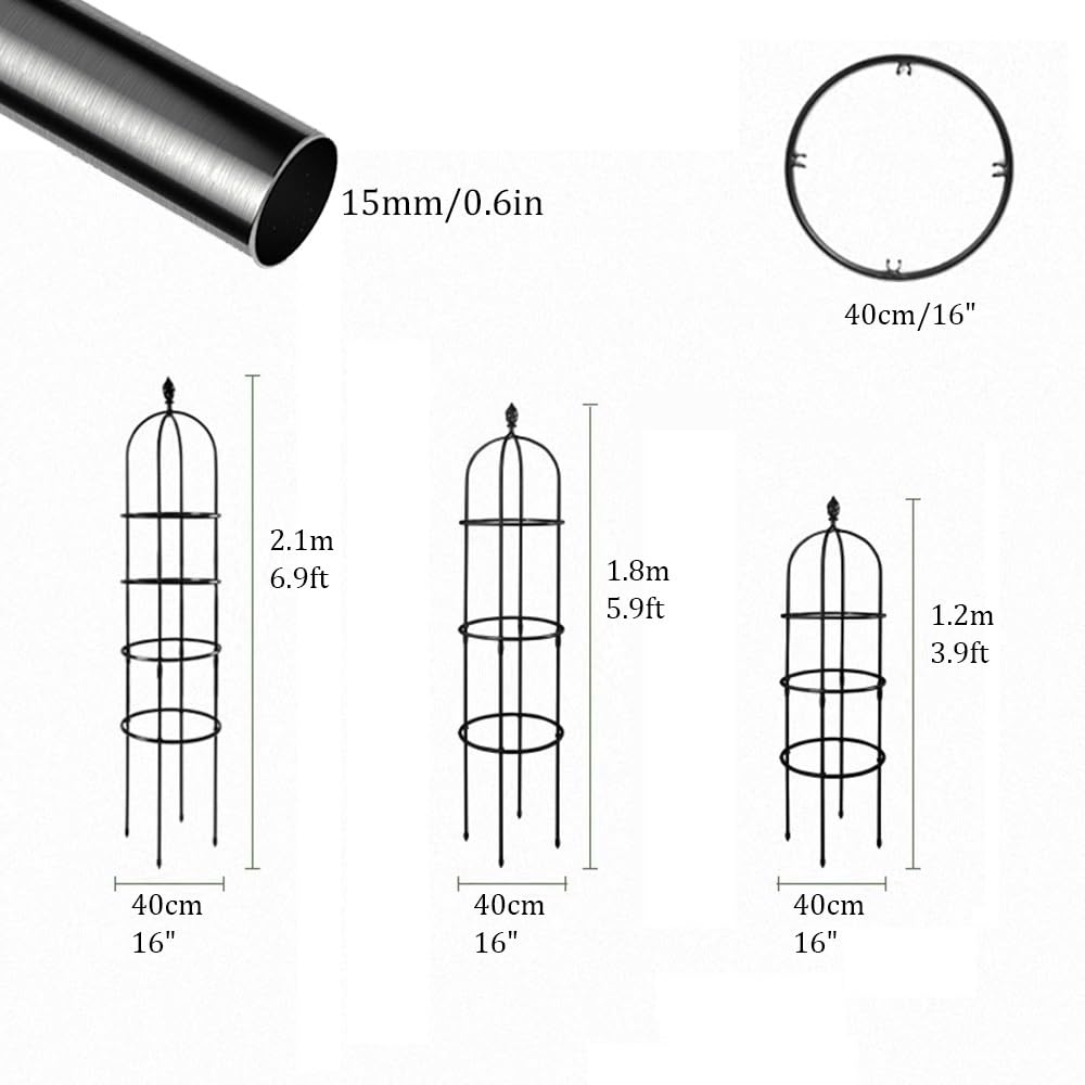 Clématite Treillis Tuteur De Jardin Obélisque 1.2m 1.8m 2.1m Tuteur pour Plantes D'intérieur pour Roses Plantes Rampantes Assemblage Facile(Noir,H-2.10m)