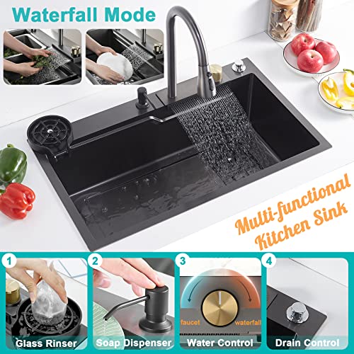 29.5" Black Waterfall Kitchen Sink 18 Gauge T304 Stainless Steel Single Bowl Kitchen Sink Drop In Kitchen Sink With Faucet Combo Topmount Workstation Sink With Accessories, 29.5" X 17.7" X 8.3" #TOP1