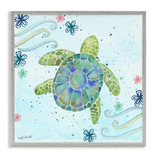 'Lovely Green Sea Turtle Ocean Flower Painting'| Framed Giclee Art