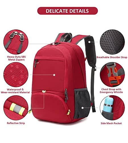 Mrplum 30L Rucksack Foldable Ultralight Packable Backpack, Unisex Durable Handy Daypack For Travel & Outdoor Sports Durable & Waterproof (Red) #TOP3