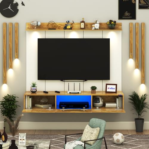 Image of Anikaa LucenPro Engineered Wood Wall Mount TV Unit with PVC Back Panel, Acrylic Blue LED Storage Box, Side Wooden Accent Spot Light Panels I Deal for Up to 50 Inch TV (Giantwood - DIY Installation)