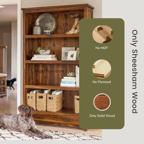Image of ANGEL FURNITURE Solid Sheesham Wood Bookshelf with Drawer | Large Full-Size Storage Rack | Honey Finish, Semi-Gloss | 100x40x175 CM Honey Finish