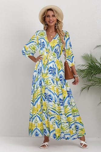 Image of Women Short Sleeve V Neck Floral Print Casual Bohemian Maxi Dresses