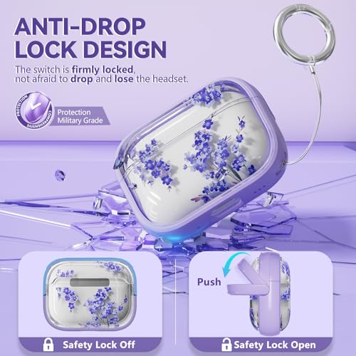 Image of Inesore for AirPods Pro 2nd /1st Case (2023-2019)-Purple Flower | with Safty Lock,Two-Piece Design,with Gold Keychain & Clean Pen,Support Wireless Charging,Cute Luxury Case for Women Girly