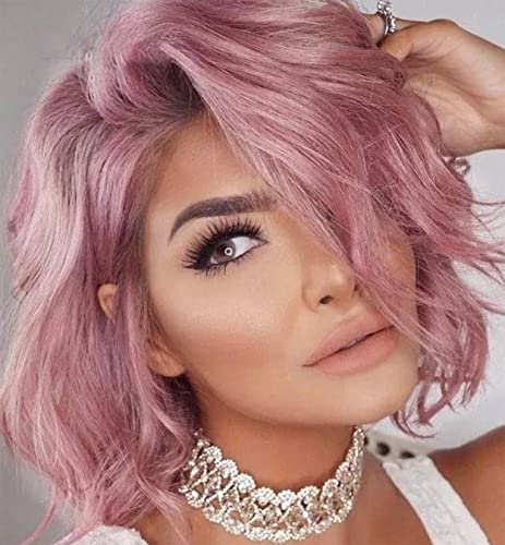 LEMEIZ Pink Wigs for Women Loose Curly Synthetic Wigs Baby Pink Hair Wigs for Party Pink Cosplay Wig Middle Part Short Curly Wigs LEMEIZ-125 Cover