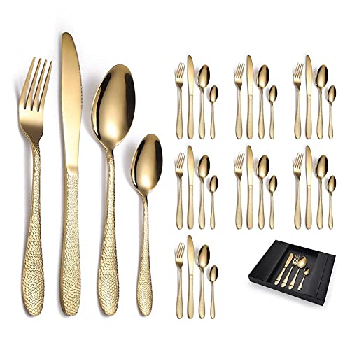 Genérico Juego de Cubiertos de Acero Inoxidable de 32 Piezas, Elegante cubertería para 8 Personas, Juego de Cubiertos de Cocina duraderos con cucharas, Tenedores y Cuchillos - Acabado Dorado Premium