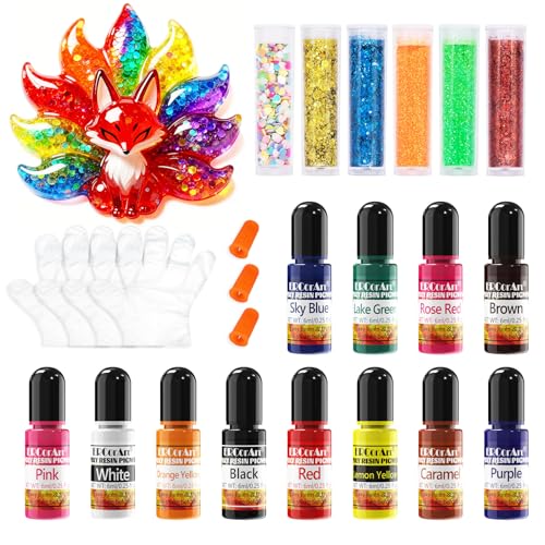 Pigmentos para Resina Epoxi - ERCorArt 12 Colorante Resina Epoxi Liquido con 6 Purpurinas, para Resina UV y Resina Epoxi, para Resina Epoxi Manualidades, Bisuteria, Pintura - 6 ml por frasco