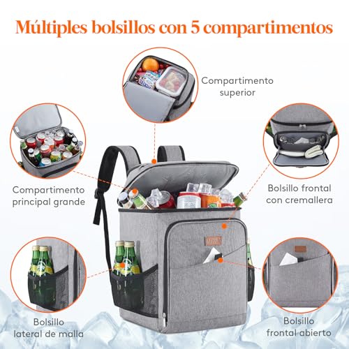 Miniatura 5 de Lifewit Mochila Nevera Isotermica, Neveras Portatil, Cestas Para Vajilla De Exterior Y Picnic, Grande Mochilas Termica Porta Alimentos Para Playa, Camping, Viaje, Gris, 26l