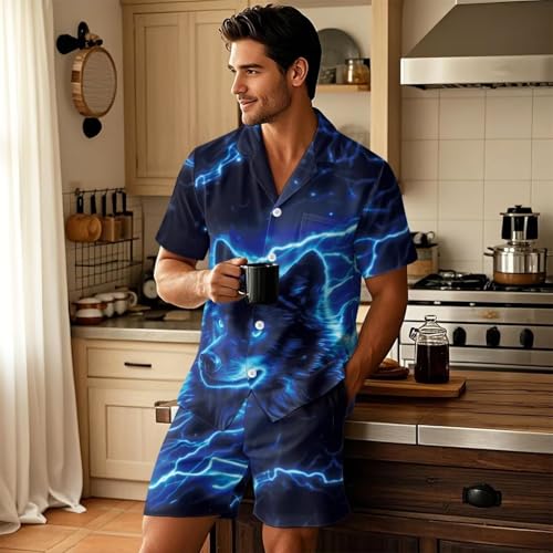 Mens Pajama Set Two Piece Short Sleeve Button Down Sleepwear Plus Size Casual Loose Soft Loungewear with Pockets3