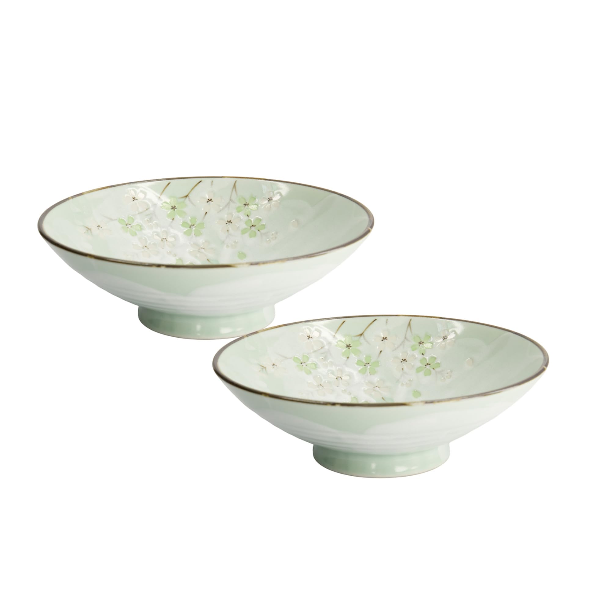 Tokyo Japanese Schalen 2er Set, große Suppen- & Ramen-Schalen, asiatische Keramik-Schüsseln mit Blumenmuster, Ø 24 cm, 8 cm hoch, 1400 ml, handgefertigt in Japan, für Nudeln, Pasta & Salate