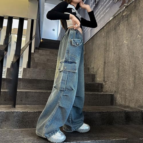 Baggy Cargo Jeans for Girls Wide Leg Y2k Streetwear Denim Pants Distressed High Elastic Waist Jean Teen Casual Trousers2