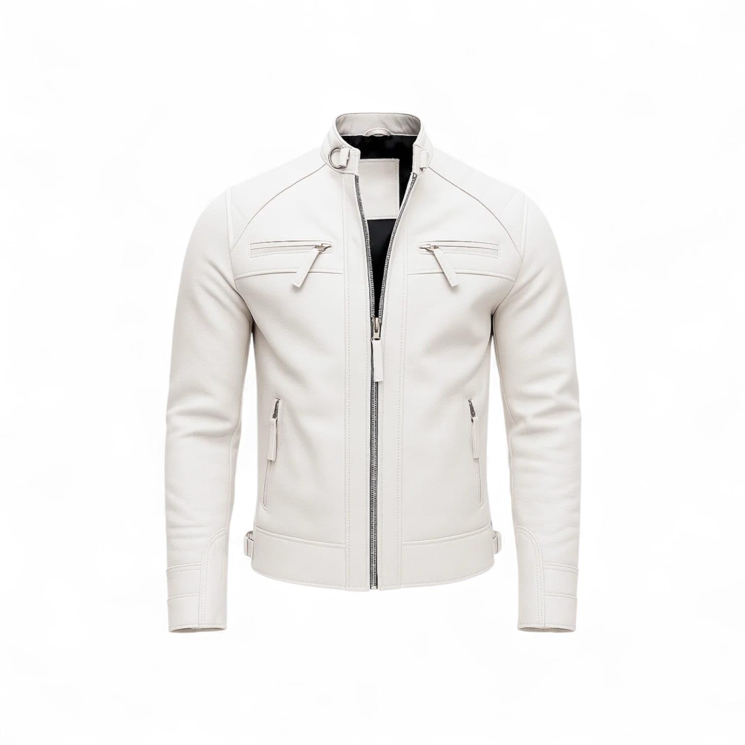 Chaqueta clásica de cuero blanco Cafe Racer para hombre, estilo motociclista