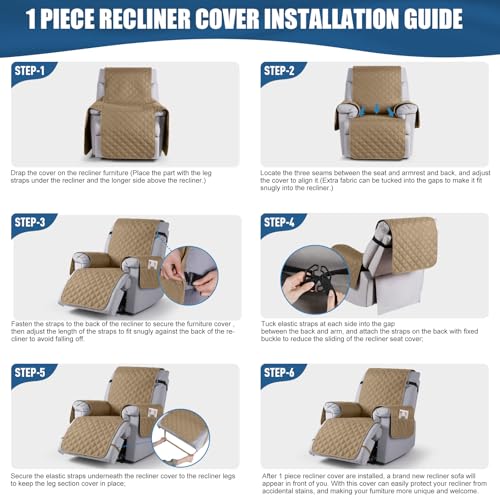 Image of TAOCOCO 100% Waterproof Recliner Covers with Leg Straps, Reversible Recliner Couch Cover for Reclining Chair, Washable Couch Protector for Pets Kids (1 Seater 22 inch, Camel)