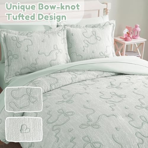 Image of Queen Comforter Set - 7 Pieces Bow Jacquard Bed in a Bag Girls Bedding Set | Cottage Core Bedding Sets, All Season Bed set with Comforter, Sheets, Pillowcases & Shams, Light Green