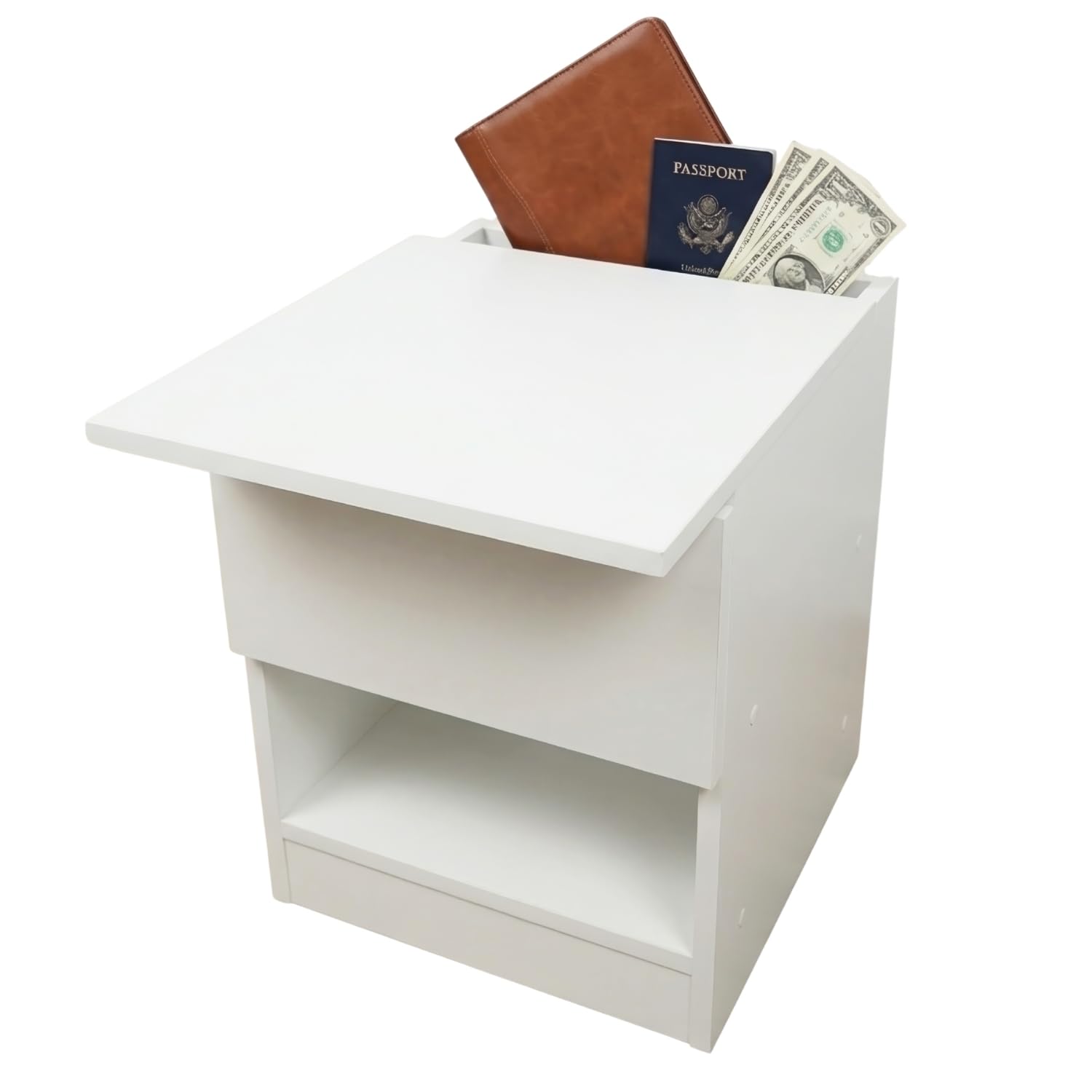 Cassettiera con due scomparti segreti, uno con serratura RFID, mobile cassaforte mimetico