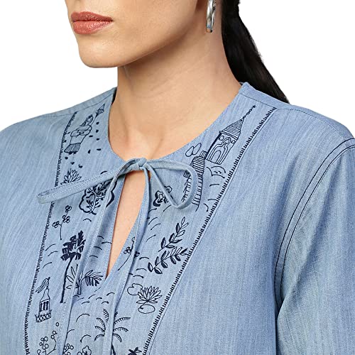 Image of Chemistry Women's Blue Cotton Ice Wash Denim Embroidered Yoke Kurta | Premium 100% Cotton Fabric | Trendy and Stylish | Intricate Embroidery Details | Regular Fit and Versatile | Elevate Your Ethnic Wardrobe