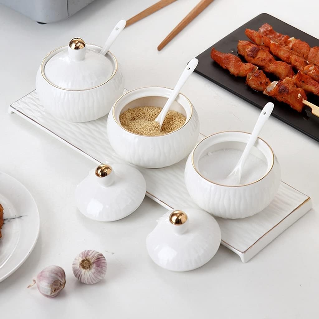 Seasoning Bottle Set Porcelain Condiment Jar Set of 3 Spice with Bamboo Tray, Ceramic Condiment Pot Spoon and Lid, Seasoning Box,Sugar Bowl (White) Spice Bottle Set