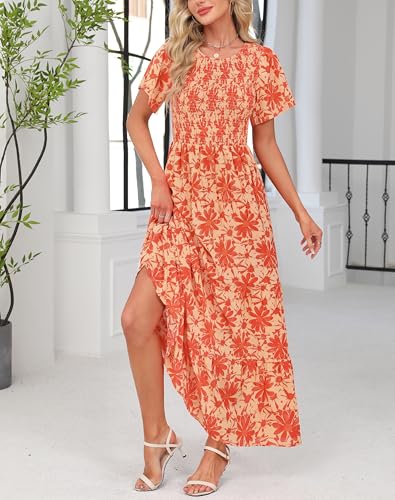 Image of Kranda Women 2025 Summer Fall Crewneck Short Sleeve Smocked Floral Maxi Dress