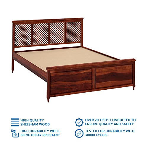 Image of Solid Sheesham Wood Traun Queen Size Bed Without Storage Wooden Double Bed Palang Cot for Bedroom, Living Room, Hotel and Home (Honey Finish)