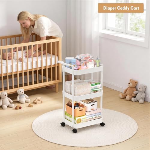 Volnamal Baby Diaper Caddy, Plastic Movable Cart for Newborn Nursery Essentials Diaper Storage Organizer for Changing Table & Crib, Easy to Assemble, Baby Registry, Off-White — view 6