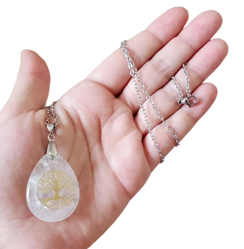 Collier Cristal de roche pendentif pierre naturelle semi précieuses Arbre de Vie femme et homme fait main cadeau anniversaire, noel, fête des mères/pères...