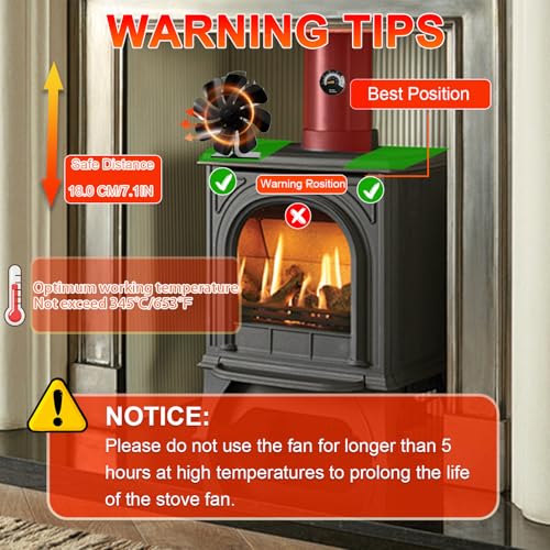 Image of Tomersun Wood Stove Fan 8 Blade Heat Powered, Woodburner Fireplace Fan for Wood Burner /Burning /Stoves, with Thermometer