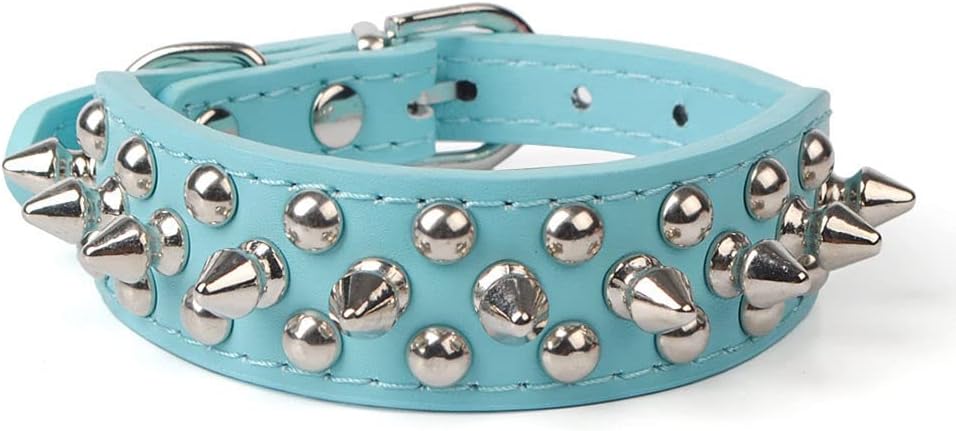 Spiked Dog Collar, Mushrooms Rivet Spike Anti-Bite Studded Protective Pet Neck Pu Leather Puppy Collars for XXS XS Small Medium Large Boy Dogs Male Cats Goat, Light-Blue L