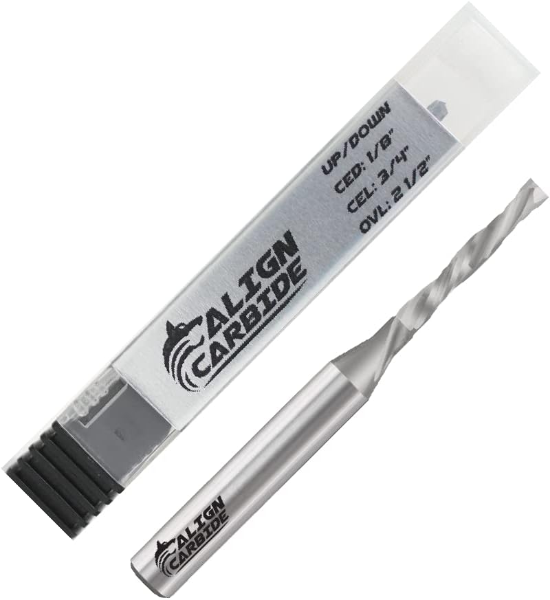ALIGN CARBIDEUP Cut Router Bit, 1/8 Inch Cutting Diameter, 1/4 Inch Shank, Premium Solid Micro Grain Carbide, Spiral Plunge, 2 Flute, Flat Cutting Face, CNC Router Pro-Series.