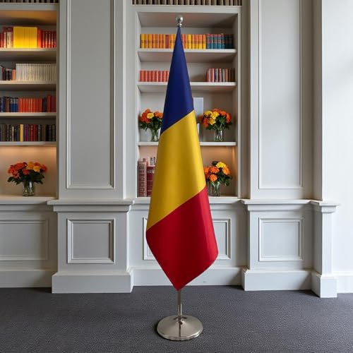 Drapeau Roumanie mât démontable et pied robuste, édition d'apparat