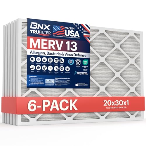 BNX TruFilter 20x30x1 Air Filter MERV 13 (6-Pack) - MADE IN USA - Electrostatic Pleated Air Conditioner HVAC AC Furnace Filters for Allergies Pollen Mold Bacteria Smoke Allergen MPR 1900 FPR 10