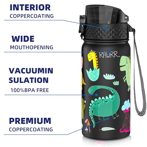 GOPPUS 420ml/14oz Kids Insulated Water Bottle with Straw Cute Double Wall Stainless Steel Child's Small Flask Vacuum Insulated Steel Metal Leak Proof Drink Flask Boys Toddler Girls Bottles BPA-Free - Image 4