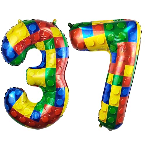 Image of 32 Inch Building Block Number 37 Balloons birthday Block Themed Large Big Helium Foil Mylar Balloon for Girls Boys Birthday Party Decoration Supplies