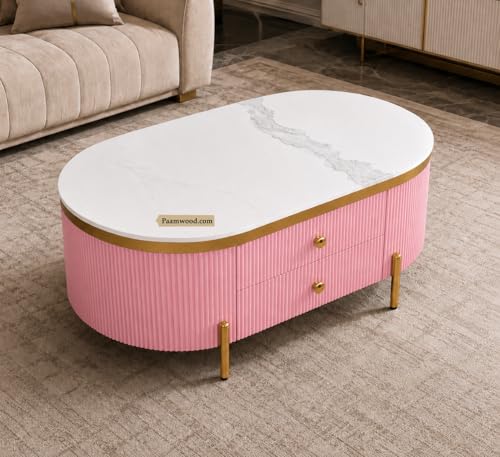 Image of Tesla Centre Table, 42x24x18 Inch, Nano Composite White Marble Top, Gold Accents, 2-Drawer Storage, Oval Design, Waterproof Plywood, PVD Legs, Modern Coffee Table for Living /Entryway