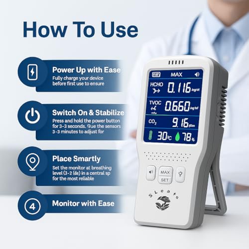 Image of Portable Digital Air Quality Monitor, CO₂ HCHO TVOC Detector with Temperature & Humidity, Multi-Sensor, Battery Powered, Black (5-in-1, Doctor White)