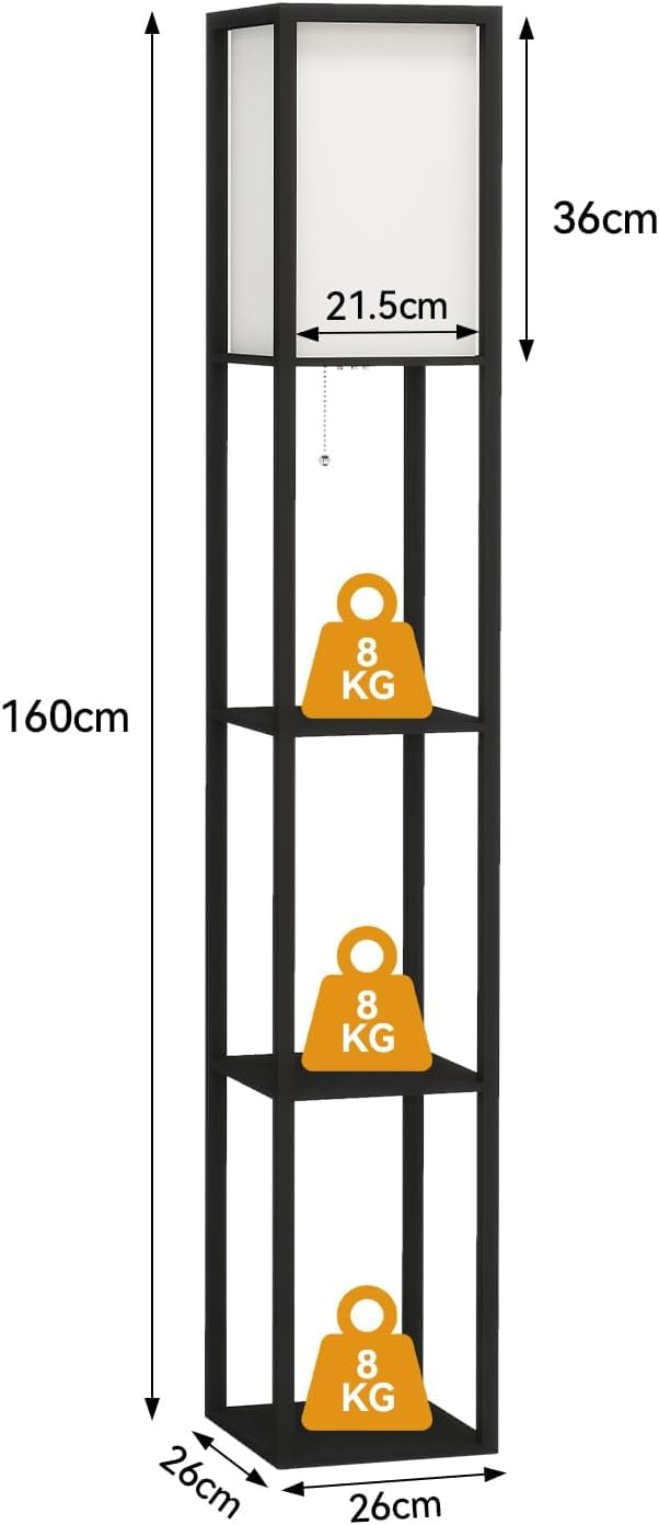 YU YUSING LED Lampada da Terra in Legno, 1,6 M Lampada a Stelo con 3 Ripiani e Base E27, Lampada da Comodino con Scaffale Paralumi per Camera da Letto Soggiorno Uffici (Nero)