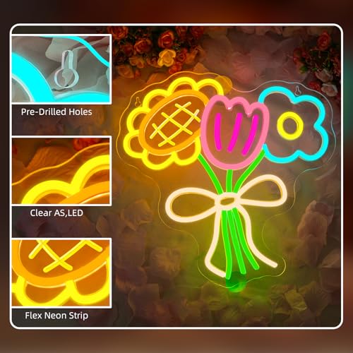 Image of 3 Flower Neon Sign Flower Neon LED Lights Cool Warm White Yellow Acrylic Wall Mount LED Boho Decorative Signage USB Powered Summer Retro Light up Sign for Wall Window Bedroom Wedding Birthday Party Decoration for Mother's Day