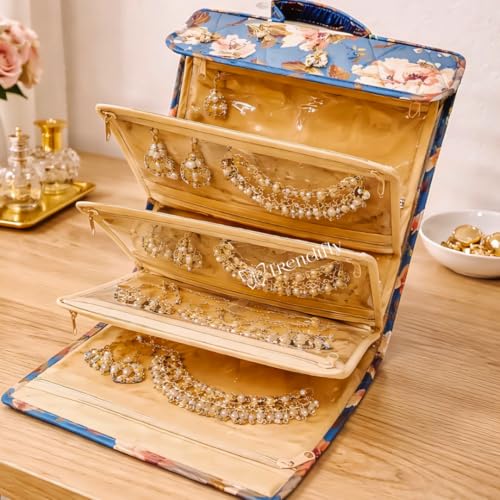 Image of Trendifly Foldable Multipocket Jewellery Organizer Suitcase for Women Embroidery Design Travelling Jewelry Sutcase Bag 5 Transparent Pockets Earrings Necklace Bangles Rings Girls (Flower Blue)