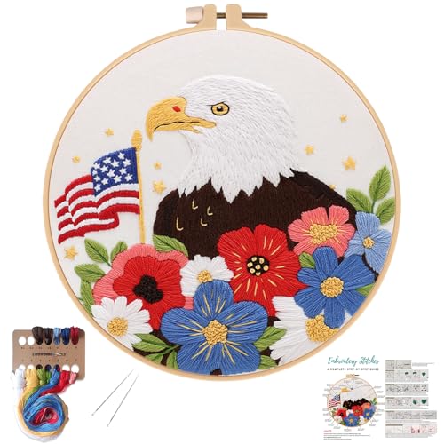 Image of Louise Maelys Bald Eagle Embroidery Kits for Beginners,Cross Stitch Kit with Adults,DIY Arts Craft with Stars and Stripes Flag and Flowers Pattern,Including Cloth,Hoop,Instructions and Threads