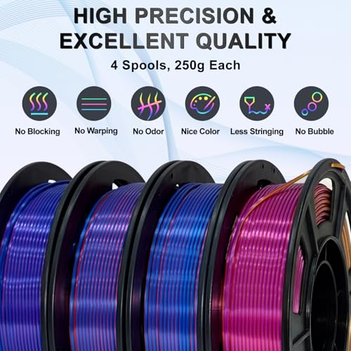 Image of Silk PLA+ 3D Printer Filament Bundle, Shiny Tricolor PLA+ Filament 1.75mm Pack, Shiny Multi Color Change, Smooth Multicolor PLA+ Filament for Most 3D Printers - 4 Spools 250g Each
