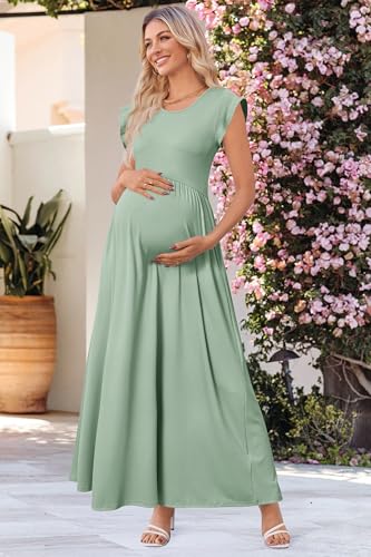 Image of OUGES Women's Maternity Dress Summer Ruffle Sleeve Patchwork Casual Flowy Maxi Dresses with Pockets
