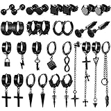 ONESING 31 Pcs Men Earrings Set Black Stainless Steel Dangle Hoop Ear Stud Punk Kpop Piercing Jewelry for Unisex Earrings for Men Women