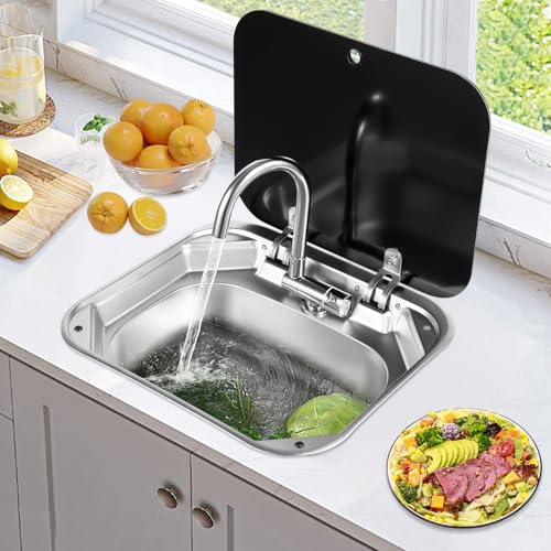 Kit complet d'évier de cuisine pour VR Caravan Camper Lave-mains avec couvercle et robinet, 1 Bac Evier Inox avec Filtre de Vidange Argenté