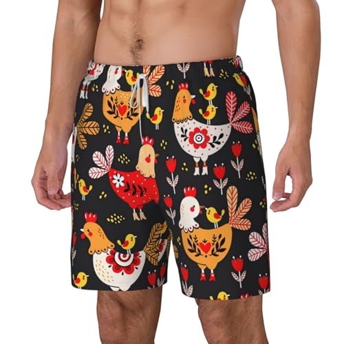 Cute Rooster Chickens Breathable Fit Trends Men's Swim Trunks Board Short with Waist Elastic Band Swimming Trunks2
