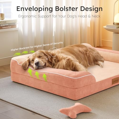 Image of CWAWZ Extra Large Dog Bed, Orthopedic Dog Bed with Cooling Gel Memory Foam, Waterproof XL Pet Bed with Removable Washable Cover, 42 inch Pet Sofa Couch Dutch Velvet with Bone Toy, Peach Pink